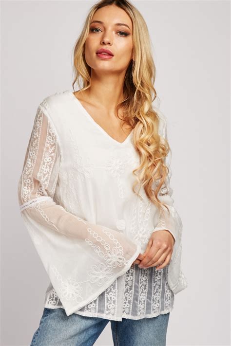Embroidered Flared Sleeve Chiffon Blouse - White - Just $6