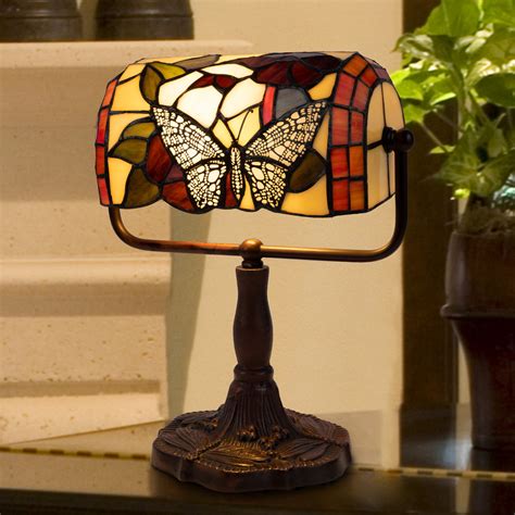 Tiffany Style Bankers Lamp Stained Glass Butterfly Design Table Or Desk