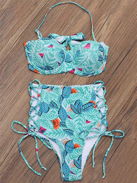 2018 Leaf Print High Waisted Underwire Bikini Set In Multicolor S Zaful