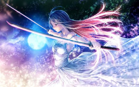 Anime Pixiv Fantasia Girl Sword Katana Woman Warrior Long Hair White