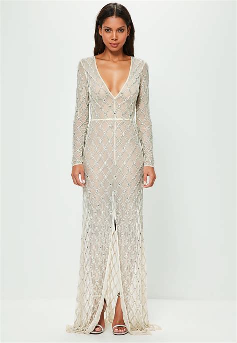 Lyst Missguided Peace Love Nude Lattice Embellished Split Front Maxi Dress In Natural