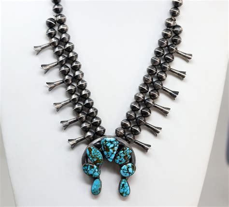 Navajo Sterling Silver Bisbee Turquoise Squash Blossom Necklace Native