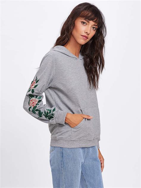 Rose Embroidered Heather Knit Hoodie Sheinsheinside