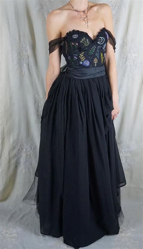 Sale Hedge Witch Wedding Formal Gown Hand Embroidered Black Mystical Gothic Indie Prom