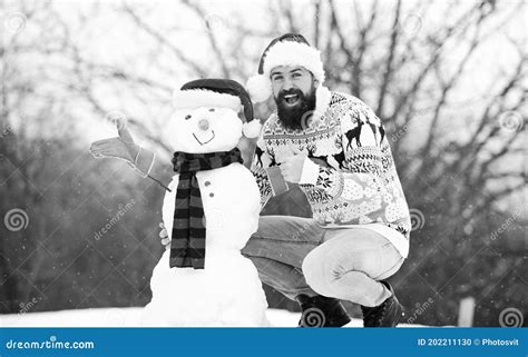 Winter Vacation Man Made Snowman Hipster With Beard Outdoors Man