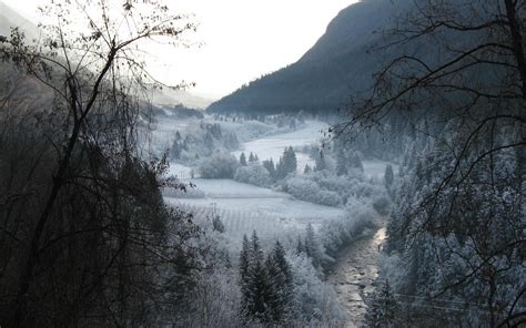 Nature Landscape Winter River Valley Mountain Snow Forest Field Trees