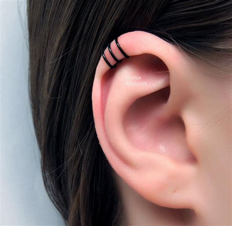 No Piercing Black Three Rings Helix Ear Cufftriple Rings Etsy In