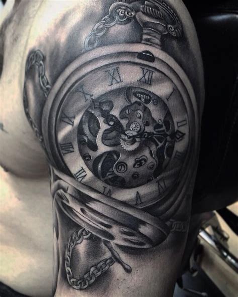 Grey Ink Pocket Watch With Roses Tattoo On Man Left Half Sleeve