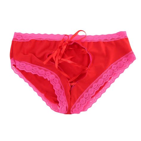 Plus Size Sexy Underwear Women Panties Briefs Heart Shape Hollows Crotch Bowknot Lace G String
