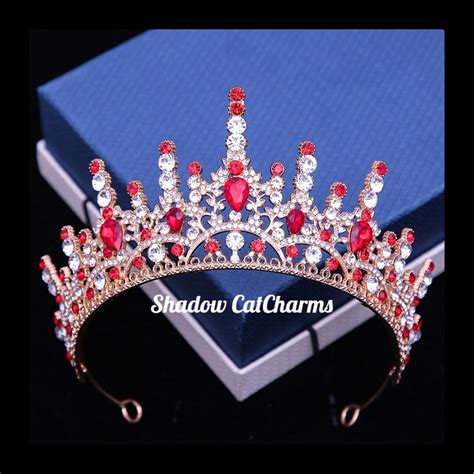 Queen Crown Bridal Tiara Red Quinceanera Crown Gold Red Etsy