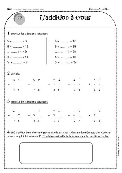 Addition à Trous Ce1 Exercices Corrigés Exercice Math Ce1