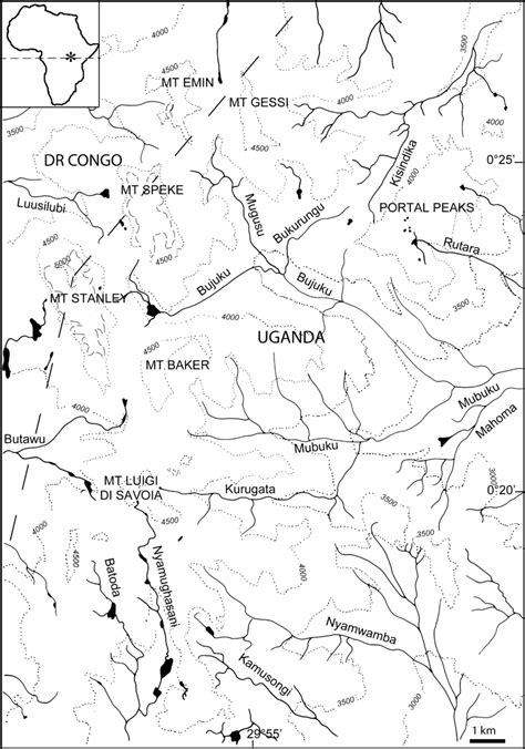 Map Of The Rwenzori Mountains Showing Glaciers River Drainages And