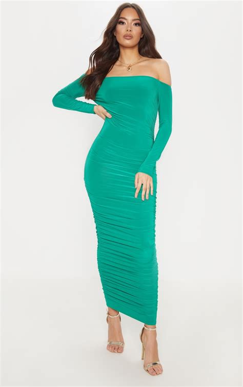 Green Bardot Slinky Ruched Midaxi Dress Prettylittlething Usa