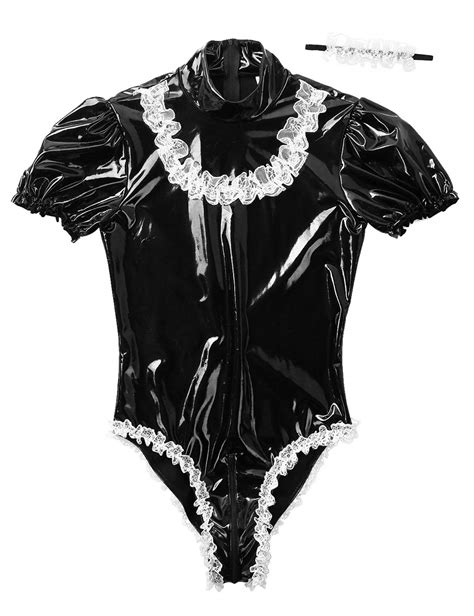 buy oyolan mens sissy wet look lace french maid thong bodysuit roleplay cosplay lingerie