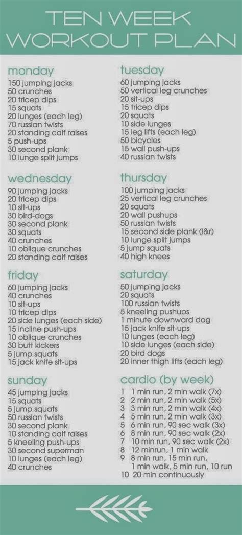 There are 6 workouts, 1 for every day of the week if you include a rest day, each working on a different area of. Time to Get Fit!: 10 Week Workout Plan