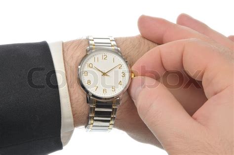 Right Hand Puts Time On Wristwatch Left Stock Image Colourbox
