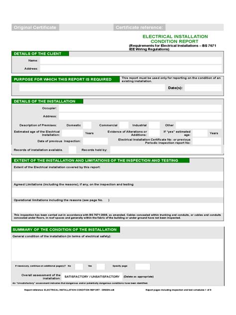 The form would consist of: Electrical Installation Condition Report Form - 2 Free ...