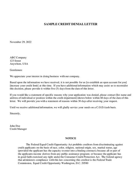 Sample Credit Denial Letter In Word And Pdf Formats