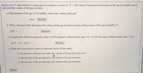 Solved Boyles Law Ty States That For A Certain Gas In A