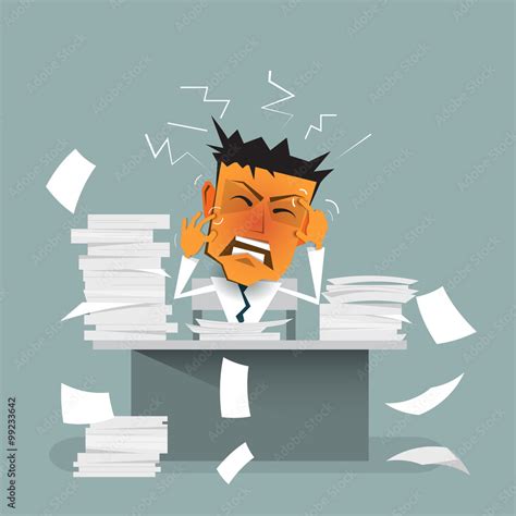 Vector Cartoon Businessman Busy Strain Burnout Sitting At Office