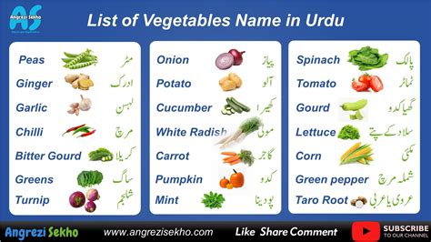 Vegetable Vocabular In Urdu Vegetable Names