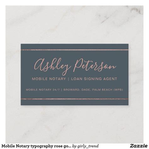 Mobile Notary typography rose gold stripe gray Business Card | Zazzle ...