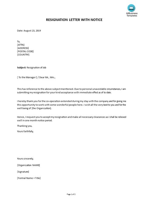 Resignation Letter Format With Notice Period Templates At