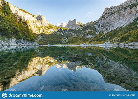 Beautiful View Of Idyllic Colorful Autumn Scenery With Dachstein