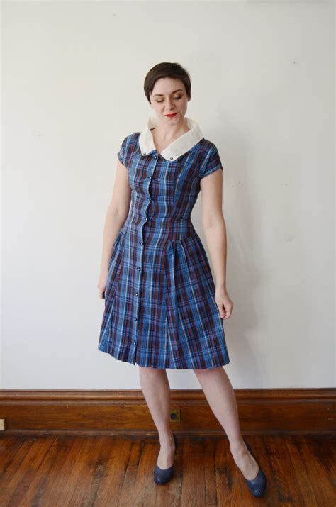 1950s Blue Plaid Summer Dress S M