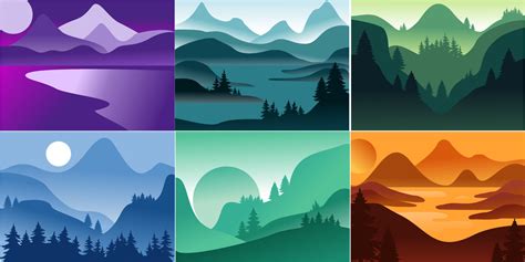 Vector Illustration Set Of Mountain Landscapes In A Flat Style