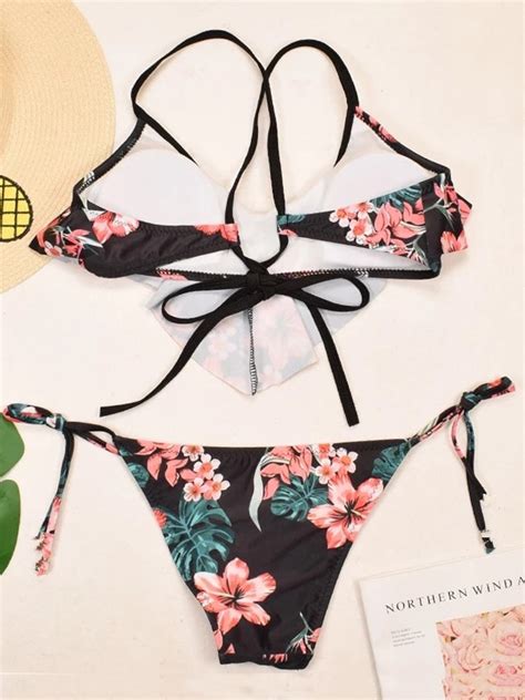 two pieces floral ruffle strappy bikini swimsuit