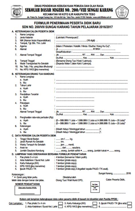 Contoh Formulir Pendaftaran Siswa Baru Sd Sesuai Dapodik 108192 Hot