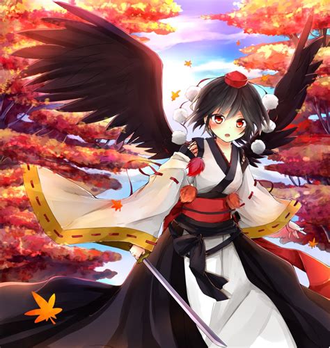 Tosura Ayato Shameimaru Aya Touhou Highres 1girl Alternate Costume Autumn Leaves Bird