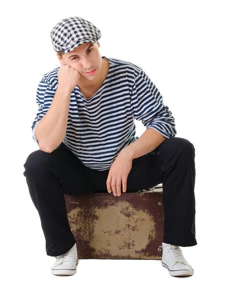 Sad Waiting Young Male Traveler On Vintage Suitcase Stock Image Image
