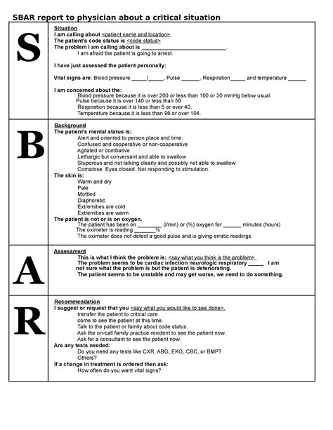 Sbar Communication Tool Sbar Report To Physician About A Critical