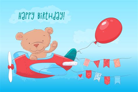 Postcard poster cute teddy bear on the plane in cartoon style. Hand drawing. 558935 Vector Art ...