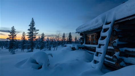 Finland Snow And Cabin Covered With Snow During Sunset 4k Hd Winter