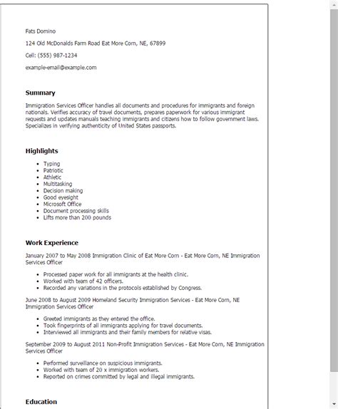 Immigration Services Officer Resume Example Myperfectresume
