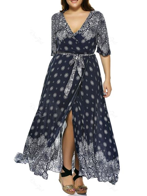 Deep Blue 5xl Plus Size Boho Print Flowy Beach Wrap Maxi Dress