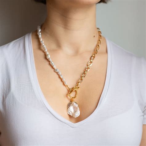 half chain half pearl gold necklace with large baroque pearl etsy