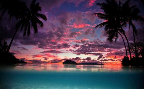 X Landscape Nature Tahiti Sunset Palm Trees Island Beach Sea Tropical Sky Clouds