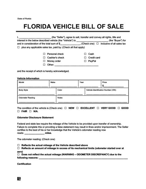 Printable Bill Of Sale Form Florida