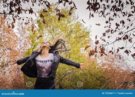 Young Girl Jumping In The Autumn Forest Stock Image Image Of Movement
