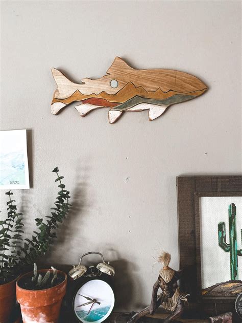 Painted Wooden Fish Wall Hanging Fishing Decor Mountain Art Fish Art