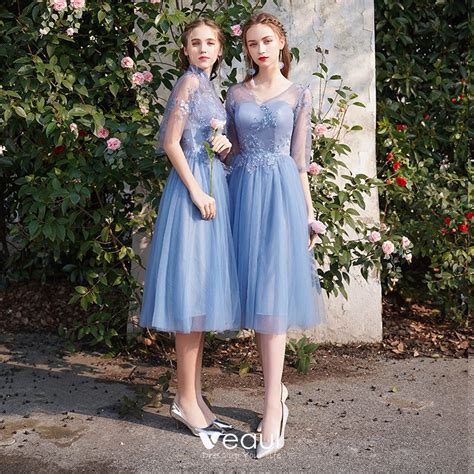 Discount Sky Blue Bridesmaid Dresses 2019 A Line Princess See Through