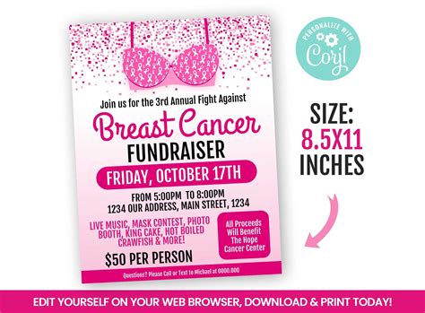 Editable Breast Cancer Fundraiser Event Flyer Cancer Benefit Etsy