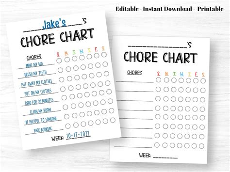 Printable Weekly Chore Chart For Kids Editable Daily Etsy