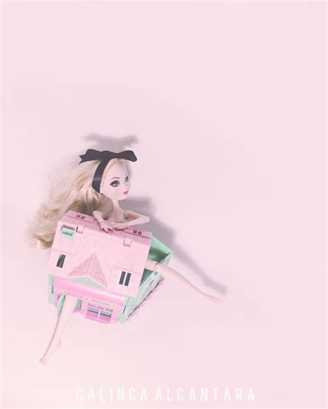 A Doll Is Laying On Top Of A Pink Box With A House In The Background