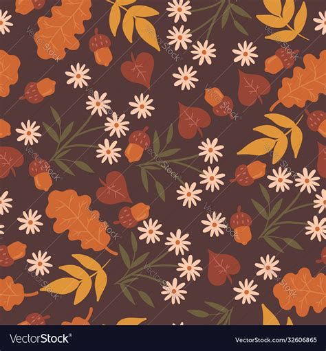 Seamless Pattern With Flowers And Autumn Leaves Vector Image