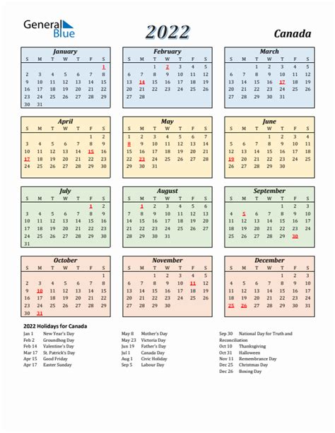 2022 Calendar With Canadian Holidays